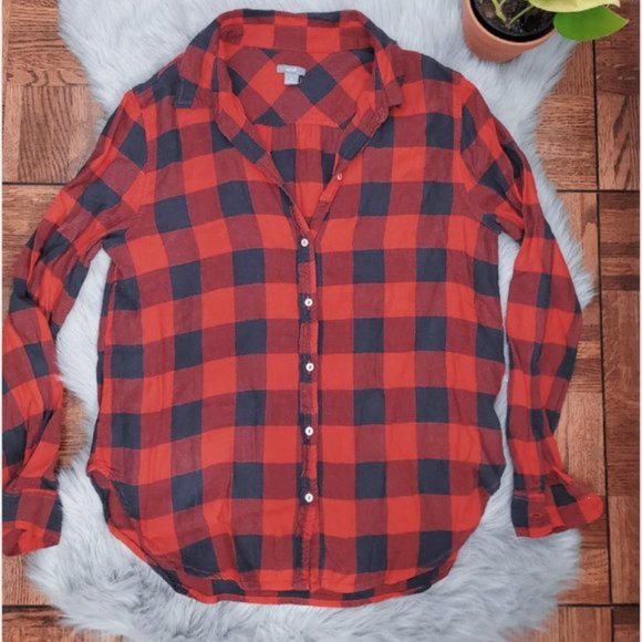 Aerie Soft Red + Black Plaid Cotton Shirt- S - Picture 16 of 16